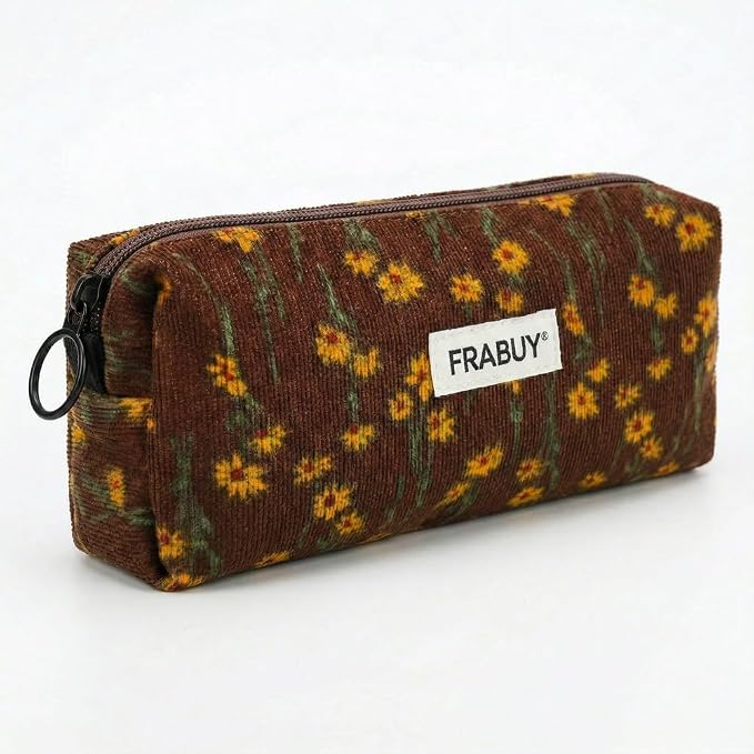Soft Corduroy Pencil Case Pen Pouch Organizer, Small Stationery Bag | Cute brown chrysanthemum pencil pouch, smooth zipper, daily cosmetics holder, compact organizer for school teen girls, women