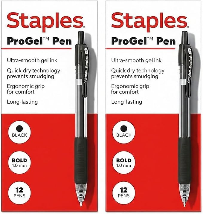 STAPLES ProGel Retractable Gel Pen, Bold Point, 1.0mm, Black Ink, 2/Pack