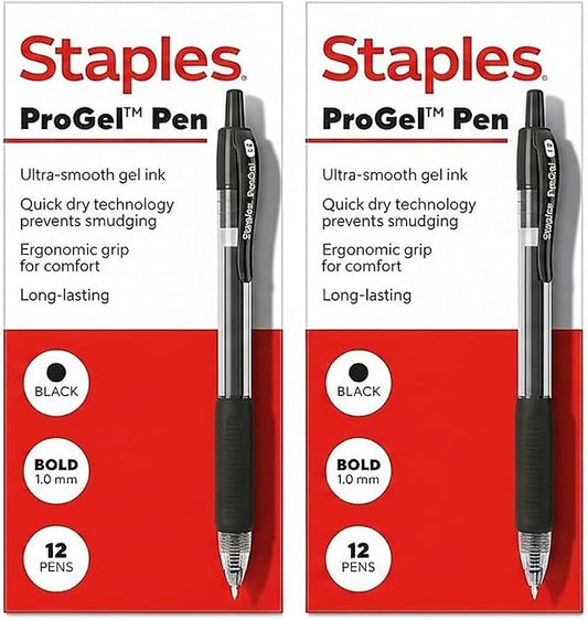 STAPLES ProGel Retractable Gel Pen, Bold Point, 1.0mm, Black Ink, 2/Pack