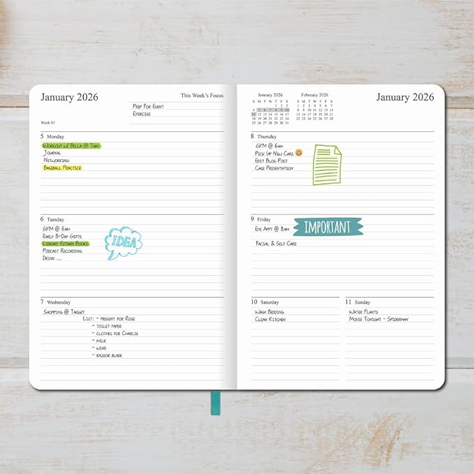 2026 Planner - Weekly and Monthly Planner, Jan 2026 - Dec 2026, Holidays, Contacts and Notes Pages, Vegan Leather Cover, Elastic Closure, 5.5”x8.25”, Teal