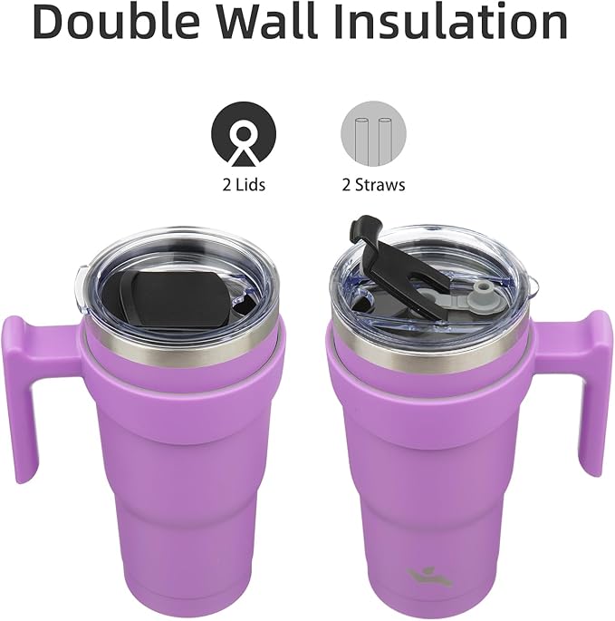 Konokyo 20 oz Tumbler with Handle and 2 Straw 2 Lid, Insulated Water Bottle Stainless Steel Vacuum Cup Reusable Travel Mug,Lavender