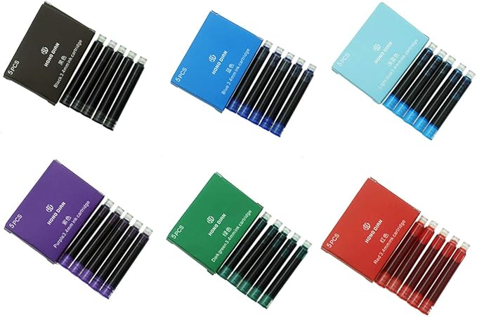 Asvine 30 PCS Hongdian Fountain Pen Ink Cartridges 6 Colors Set (Black, Blue, Green, Red, Purple, Light Blue), 3.4mm Bore Diameter