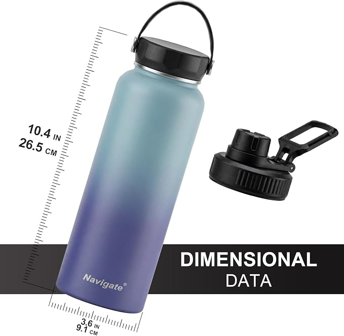 Navigate 40 oz Insulated Stainless Steel Sports Water Bottle with Spout & Handle Lids,Wide Mouth Water Jug with Double Walled Leak Proof Keep Cold for 24 Hrs Hot for 12 Hrs, Blue Gradient