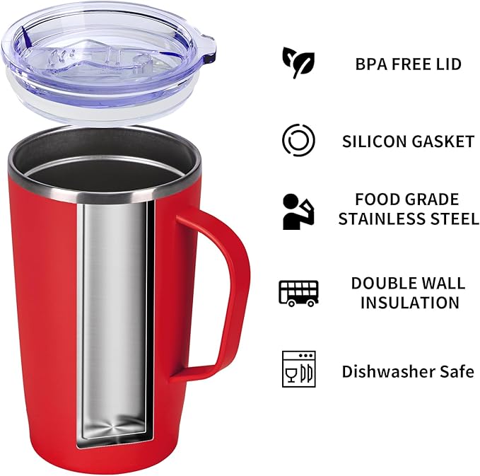 MEBRUDY 19oz Insulated Coffee Mug with Lid, Leak Proof Double Wall Vacuum Travel Coffee Mug with Handle, Red