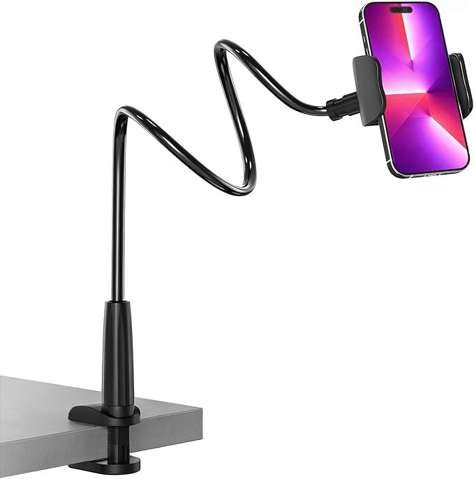 MAGIPEA Cell Phone Clip Bed Stand Holder, with Grip Flexible Long Arm Gooseneck Bracket Mount Clamp for Desk, Compatible with iPhone 17/16 Pro Max, 15, 14 or Other 3.5-7" Devices (Black, 34in)
