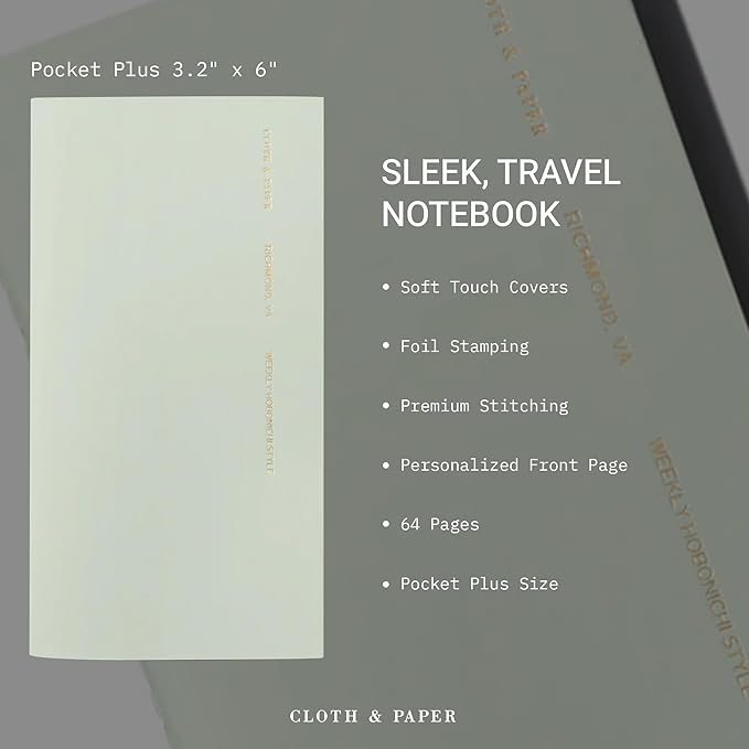 Cloth & Paper Travel Notebook | Weekly Hobonichi – Matcha | Pocket Plus Weekly Planner Notebook 3.2" x 6" | Weekly Layout with Grid Notes Page for Planning, Tasks & Scheduling – Soft Touch Cover