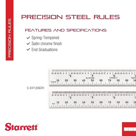 Starrett Spring Tempered Steel Rule with Satin Chrome Finish, Millimeter, and Inch Graduation - 5-3/4" Length, 36 Graduation Type, 1.2mm Thickness - C636ME-150