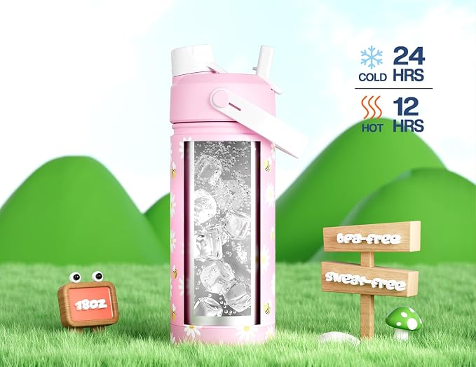 18 oz kids water bottle with straw and handle: Leak Resistant, BPA-Free, Keep Cold 24H, Quick-Flip Straw Lid, Double Wall Stainless Steel Cup for School, Family Trip, Outdoors, Gift (Pollen Party)