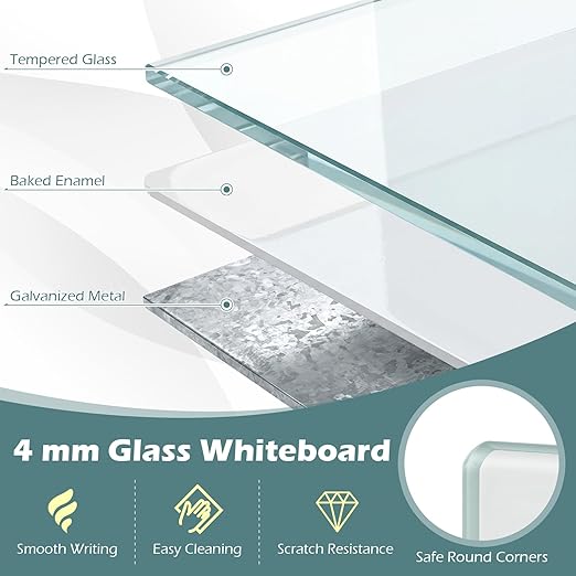 Goplus Magnetic Glass Whiteboard, 36" x 24" Wall Mounted White Board with Eraser, Accessory Tray, 2 Markers, 4 Strong Magnets, 2 Hanging Hooks, Frameless Glass Dry Erase Board for Office, School, Home