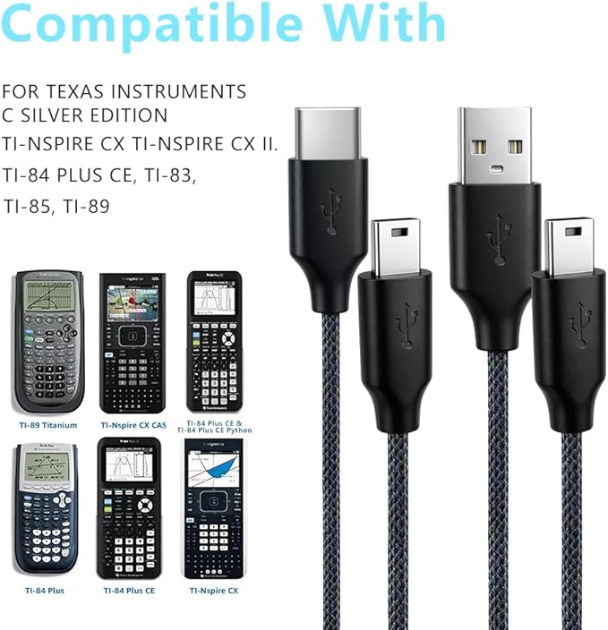 2 Pack USB & USB C Braided Charger for TI 84 Plus CE, Data Cable for Texas Instruments Calculators TI-84 Plus CE/C Silver, TI 89 Titanium, TI Nspire CX/TI Nspire CX CAS -5ft