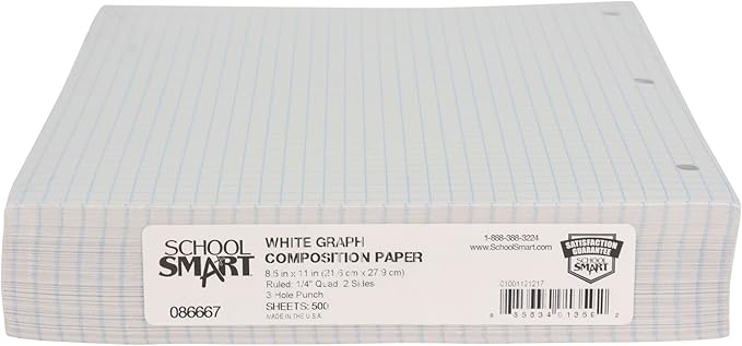 School Smart-86667 Double Sided Grid Paper, 3 Hole Punched, 8-1/2 x 11 Inches, 1/4 Inch Rule, White, Pack of 500