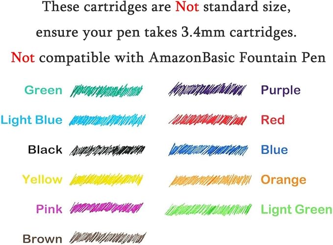 Asvine 30 PCS Hongdian Fountain Pen Ink Cartridges 6 Colors Set (Black, Blue, Green, Red, Purple, Light Blue), 3.4mm Bore Diameter
