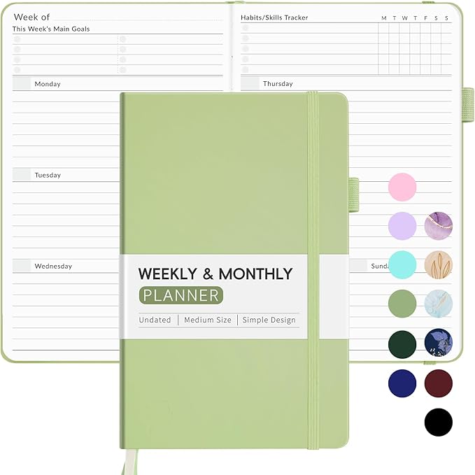 Undated Weekly Planner for 2026, Forvencer Simplified Weekly & Monthly Calendar Planner, Cute Daily Organizer Notebook, Agenda Journal to Track Goals & Tasks, Start Anytime, A5 Size, Olive Green