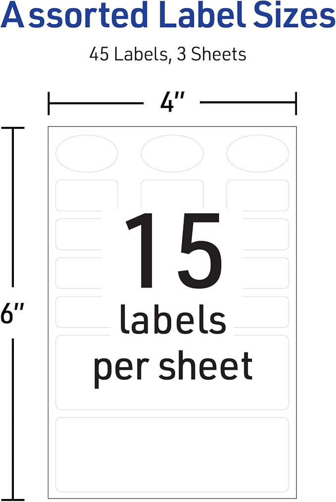 Avery No-Iron Fabric Labels, Assorted Shapes and Sizes, Washer and Dryer-Safe Waterproof Labels, Non-Printable, 45 Total (40700)
