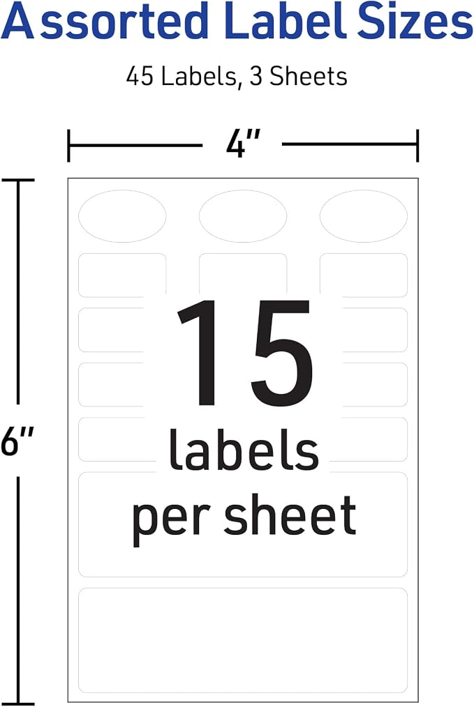 Avery No-Iron Fabric Labels, Assorted Shapes and Sizes, Washer and Dryer-Safe Waterproof Labels, Non-Printable, 45 Count (40700), (Pack of 2)