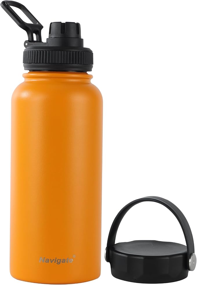 Navigate 32oz Insulated Water Bottle for Sports, Keep Cold 24H | 2-in-1 Spout and Handle Lids, Double Leak-Proof, 18/8 Stainless Steel, BPA-Free, Wide Mouth for Gym and Hiking,Orange