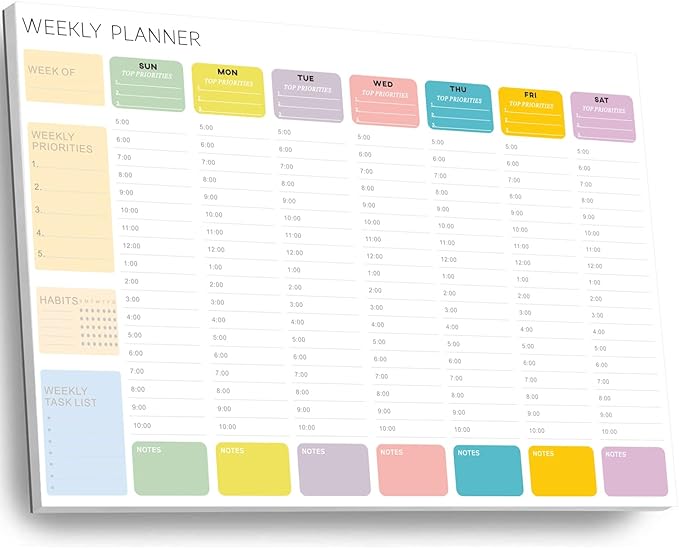 Undated Weekly Hourly Planner Notepad, Tear-Off ADHD Planner,Weekly Planner,Weekly Schedule Planner,Weekly To Do List Notepad(52 Sheets,8.5"x11",Colorful)