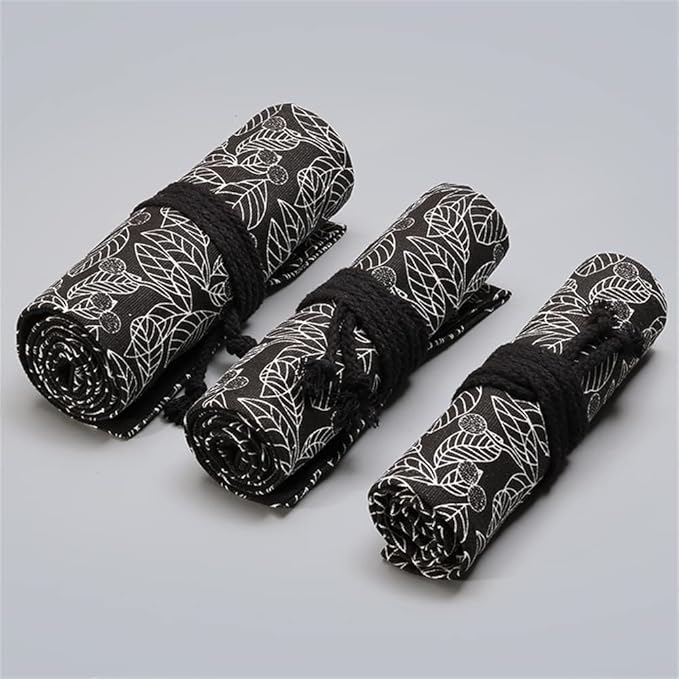 DIYOMR 12/24/36/72 Slots Pencil Wrap Roll, Artist Colored Roll Up Bag, Short Brushes Pouch Case Organizer for Drawing Coloring and Sketching, No Pencils (Black Leaves, 12slots)