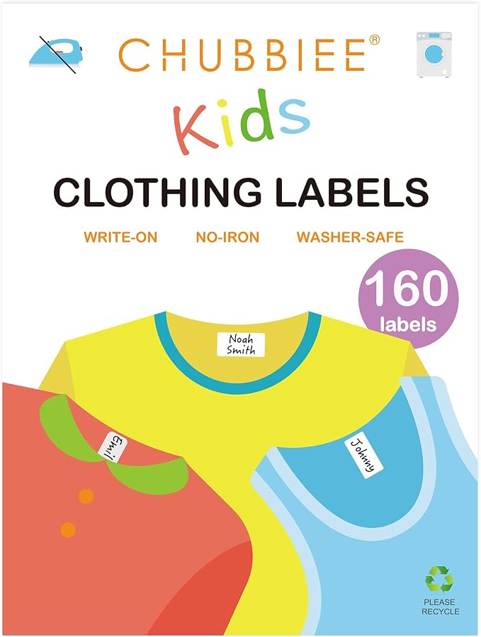CHUBBIEE All Purpose No-Iron Kids Clothing Labels, 160-Pack | Self-Stick Write-On Fabric Labels for Camp, School, Daycare, Nursing Care, Toys, Organizing, Washer & Dryer Safe