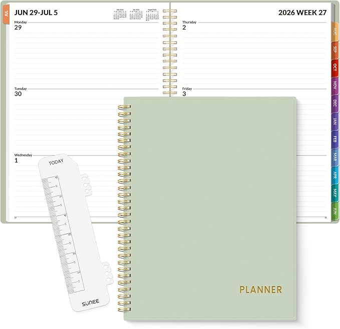SUNEE Academic Planner 2026-2027 – Weekly & Monthly Planner, July 2026 to June 2027, 8.5"x11", Thick Paper, Tabs, Pockets, Bookmark, Spiral-Bound, Student Teacher Organizer, Sage Green