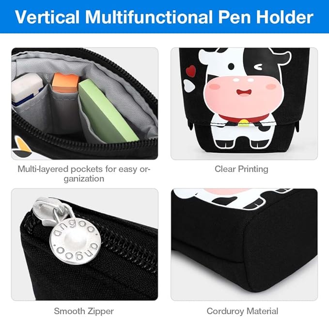 Cute Standing Pencil Case for Kids, Pop Up Pencil Box Makeup Pouch, Christmas Gift Kids Canvas Pen Holder Organizer Cosmetics Bag, Kawaii Stationary (Baby Cow)