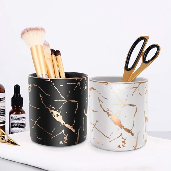 Pen Pencil Holder for Desk, Pencil Cup, Pen Pencil Stand Holder for Desk, Office Desk Organizer for Men Women Kids Ceramic Marble Makeup Brush Holder, White (Upgrade Style)