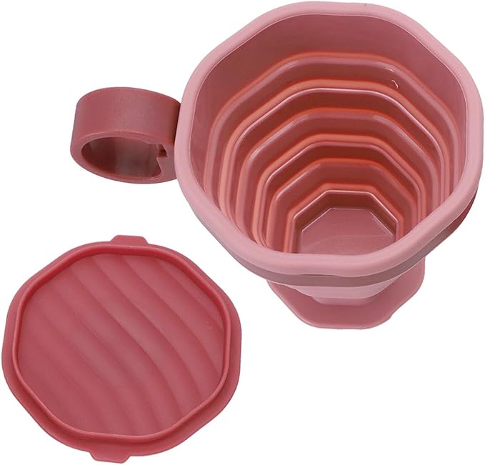 Foldable Silicone Water Cup with Leak-Proof Lid for Hot or Cold Drinks, Portable Coffee and Tea Mug for Hiking, Camping, Travel Outdoors, Easy to Clean and Pocket Size(Pink)