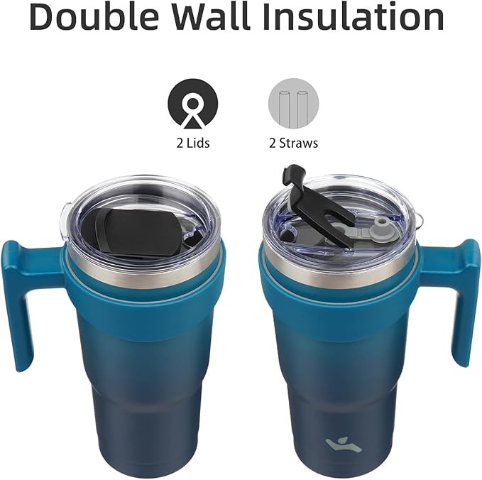 Konokyo 20 oz Tumbler with Handle and 2 Straw 2 Lid, Insulated Water Bottle Stainless Steel Vacuum Cup Reusable Travel Mug,Indigo Black