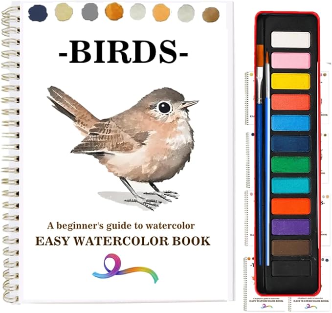 Watercolor Workbooks Coloring Book Beginner Friendly Painting Kit Easy Nature Scenes Paint Set Art Crafts for Creative Exploration Gift for Adults (Birds Series, with Palette)