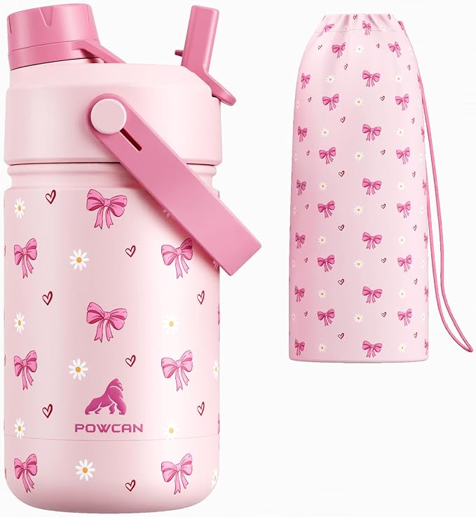 12 oz Insulated Water Bottle for Girls: 2-in-1 Straw Spout Lid, Leakproof, BPA-Free, Easy Carry, Keep Cold 24H, Cute Patterns, Kids Stainless Steel Cup for School, Travel, Holiday Gift (Bow Crush)