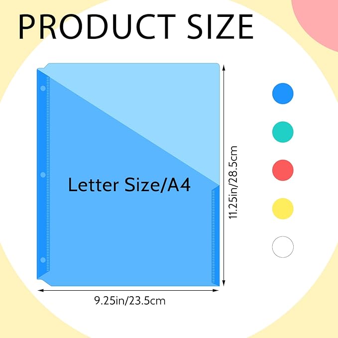 Maitys 5 Pack Binder Pockets 3 Hole Punch Clear Plastic Document Folders Binder Organizer Store Letter Size 8.5 x 11 Inch Paper Folders with Pockets Slash File Jacket for Office(Fresh Color)
