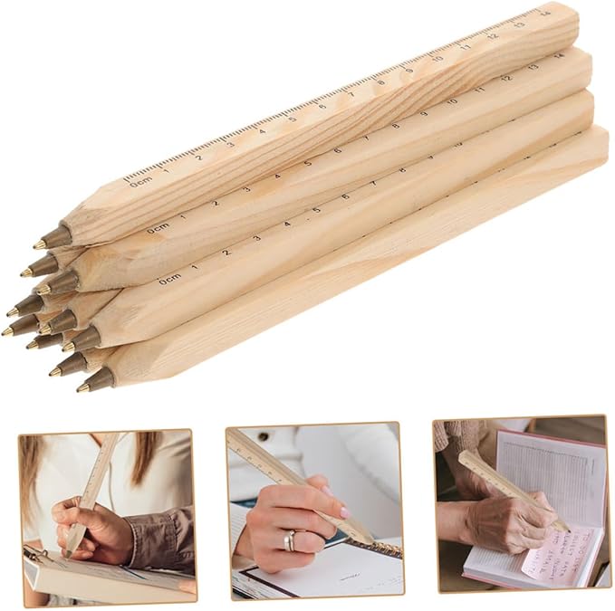 BETOOKY 6pcs Black Wood Ballpoint Pens with Ruler Printing, Natural Biodegradable Wooden Signature Pens for Carpenter Woodwork and Office Use