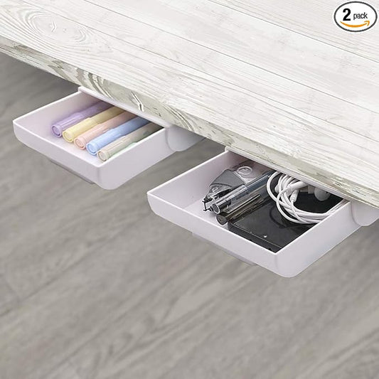 YOOUSOO 2 Pack Under Desk Storage Drawer Organizer, Hidden Slide Out Drawer Attachment, with Self - Adhesive Feature for Desktop and Table Organization, Hidden Under Desk