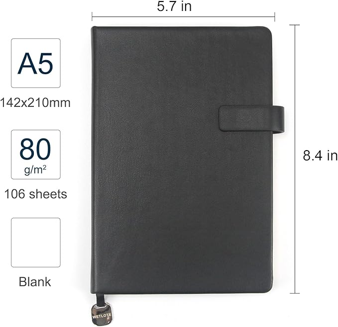 A5 Hard Cover Notebook with Pen Holder, Gold Edges & 180° Lay Flat - Large 5.7x8.4 Blank, Gift Box - Durable Journal for Office, Study, Travel - Writers, Students (Black)