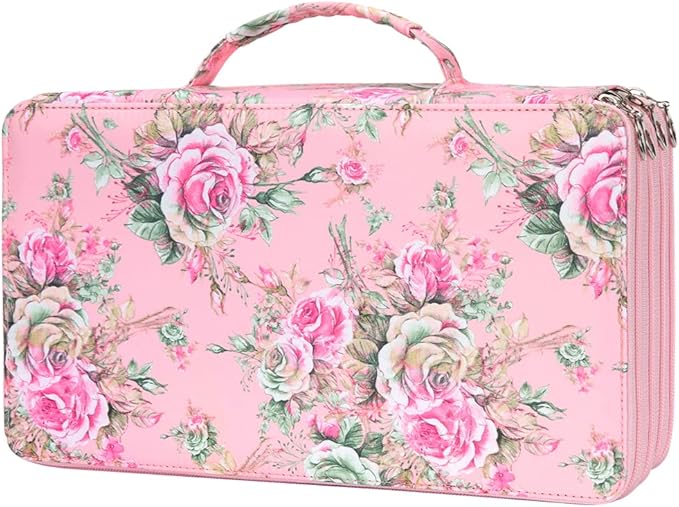 Vomgomfom 300 Slots Marker Bag, 4-Layer Zipper Portable Art Supply Organizer, PU Leather Large Capacity Marker Case Holds 100 Markers or 300 Colored Pencils with Handle (Pink Rose)