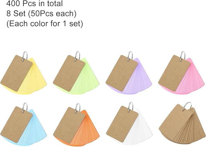 PATIKIL Blank Index Cards with Ring, 400Pcs Colored Blank Flash Card 3.5" x 2" Note Card Study Card for Memory Learning Studying Office Supplies Assorted Color