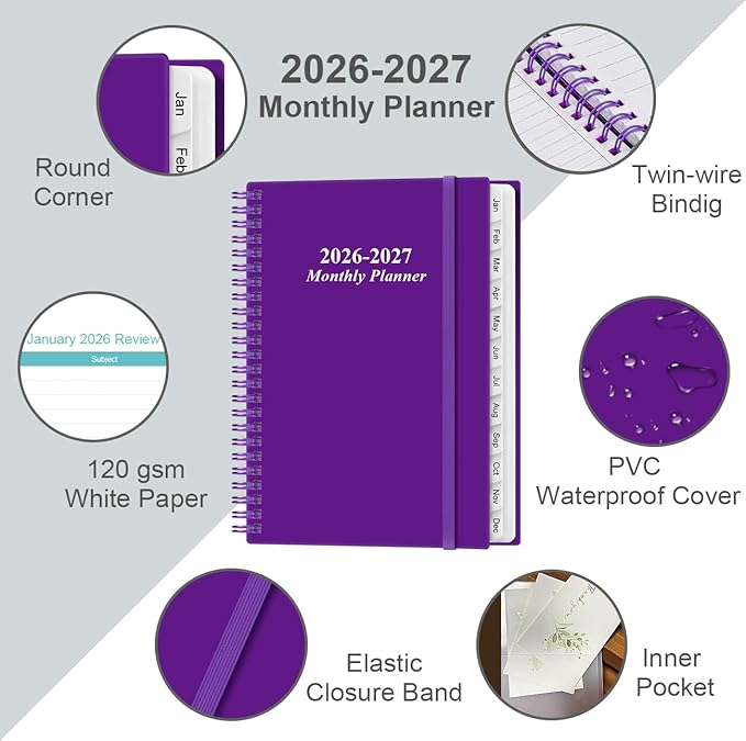 2026-2027 Monthly Planner - January 2026 - June 2027, Two Pages Per Month, 18 Monthly Calendar/Planner with Tabs, Inner Pocket, 6.4" x 8.5", Purple