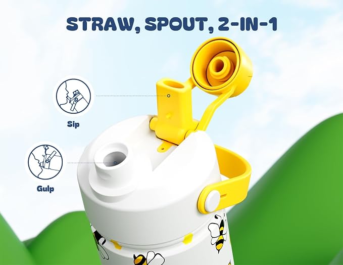 18 oz Cute Water Bottle for Kids: 2-in-1 Straw Spout Lid, Leakproof, Keep Cold 24H, BPA-Free, Backpack and Car Cup-Holder Friendly, Insulated Stainless Steel Cup for Birthday Gift (Sweet Hive)
