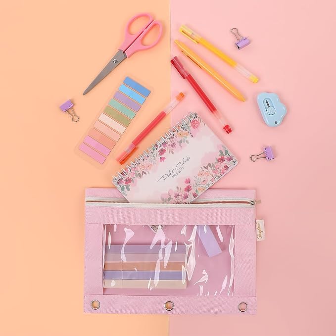 SKYDUE Pencil Pouch for 3 Ring Binder, 9.8" x 7.3" Clear Window Pencil Bag | Zipper Pencil Pouches for Girls Boys, Pink Pencil Pouch with 3 Reinforced Grommets, Durable Organizer for School Supplies