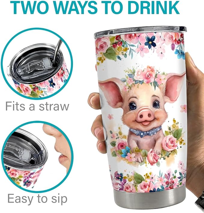 SANDJEST Pig Tumbler 20oz Stainless Steel Insulated Tumblers Coffee Travel Mug Cup Gift for Girls Teen Gifts for Birthday Christmas