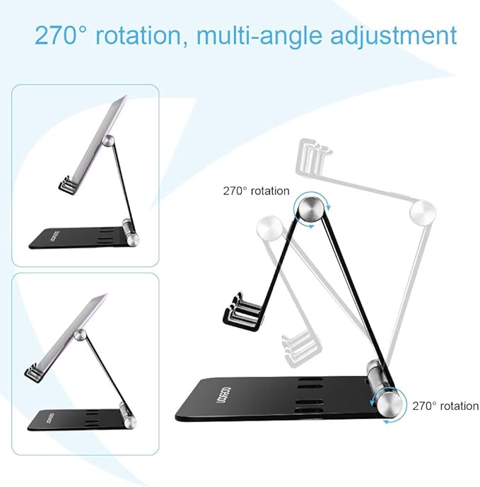 aceyoon Adjustable Tablet Stand, iPad/Cell Phone Holder for Desk, Aluminum Alloy Stand Holder for 2 Phones or a Tablet/Kindle, Sturdy Dual Stands, Foldable and Portable, Black