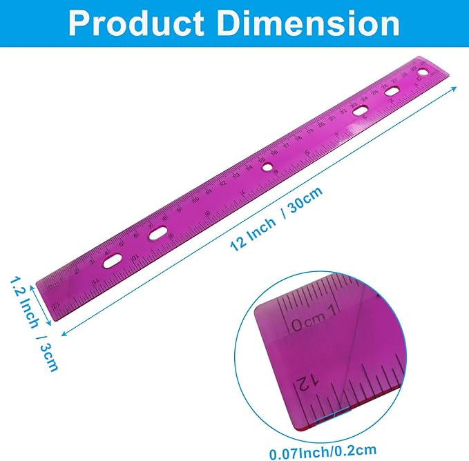 28 Pack Plastic 12 Inch Transparent School Rulers Kids for School, Assorted Color Ruler with Centimeters for Office & Home Supplies