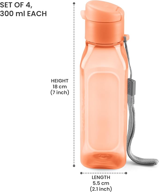 Bulk 10oz Multicolor Square Reusable Water Bottles Set of 4 For Kids And Adults - Leak Proof With Carry Strap - Bpa Free Dishwasher Safe For Juice Drinks