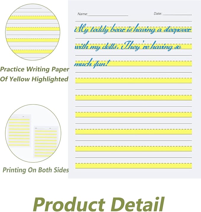 Write Beginner Paper Level 1 Paper with Lines, Yellow Highlighted, 100gsm, 11 x 8.5'', 200 Sheets