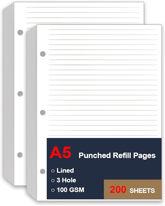(2 Pack) A5 Lined Paper Refill, 3 Hole Refill Paper, A5 Filler Paper, 200 Sheets/400 Pages Loose Leaf Paper for Filofax Planner Refills, Organizer, Binders, 100gsm, 5.8 x 8.2 In