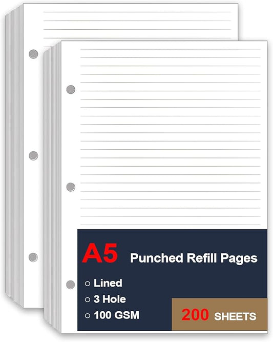 (2 Pack) A5 Lined Paper Refill, 3 Hole Refill Paper, A5 Filler Paper, 200 Sheets/400 Pages Loose Leaf Paper for Filofax Planner Refills, Organizer, Binders, 100gsm, 5.8 x 8.2 In