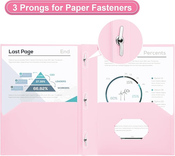 SUIN Plastic Project-Folder with 2 Pockets and 3-Prong Fasteners, for US Letter Size, Bulk Pack Color File-Folder for US Letter Size Papers, Ideal for School & Office, (Pastel Pink)