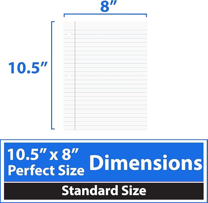Filler Paper, College Ruled Filer Paper, Loose Leaf Paper, 3 Holed Punches Paper, Red Line Margin, Ring Binder Paper - 8" x 10.5" - College Ruled - 175 Sheets