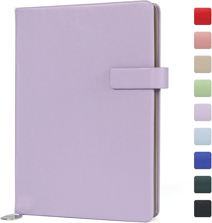 A5 Hard Cover Notebook with Pen Holder, Gold Edges & 180° Lay Flat - Large 5.7x8.4 Lined, Bookmark, Gift Box - Durable Journal for Office, Study, Travel - Writers, Students (Light Purple)