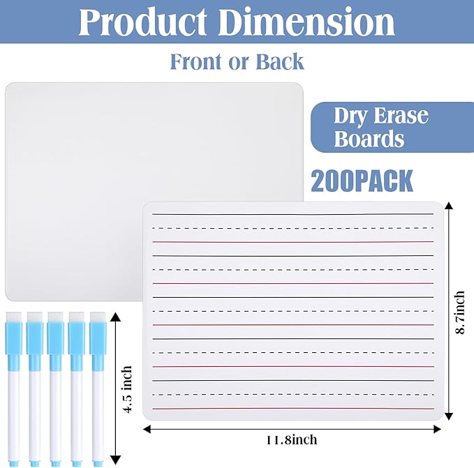 ReliThick 200 Pcs Lined Dry Erase Board with Markers 9 x 12 Double Sided Whiteboards Dry Erase Lapboards with Lines Ruled Writing Board Handwriting Practice
